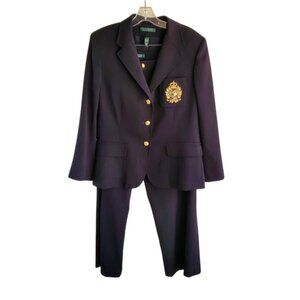 Lauren Ralph Lauren Black Blazer Pant Suit Gold Buttons Crest Preppy Power 14